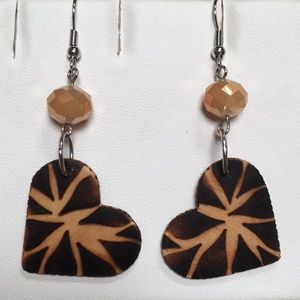 Earrings. Handmade wood burned hearts with crystal